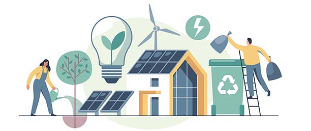 Kvinna och man kring ett hus med energisparande åtgärder som solceller på taket och återvinningskärl, illustration.