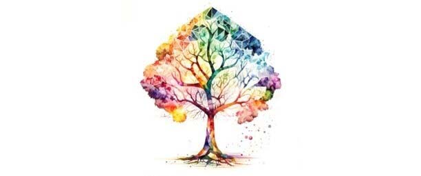 Träd i regnbågens färger, illustration.