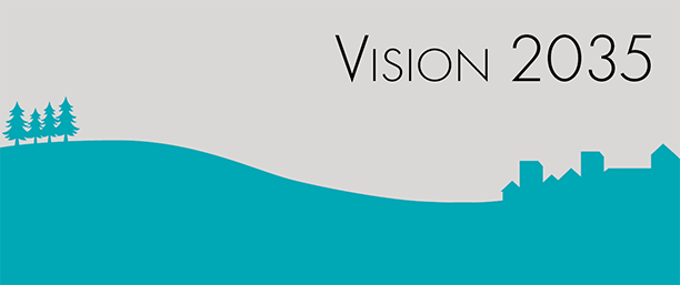 Bollebygdssiluett med texten Vision 2035, illustration.